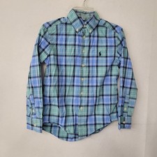 Ralph Lauren Boys Plaid Button Down Shirt Blue Green Size S 8 Pony Logo Preppy