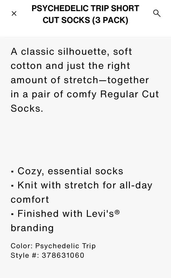 NEW Levi's SIZE 8-12 Short Cut 3 Pack Psychedelic Trip Socks Gray Green White - Image 3 of 4