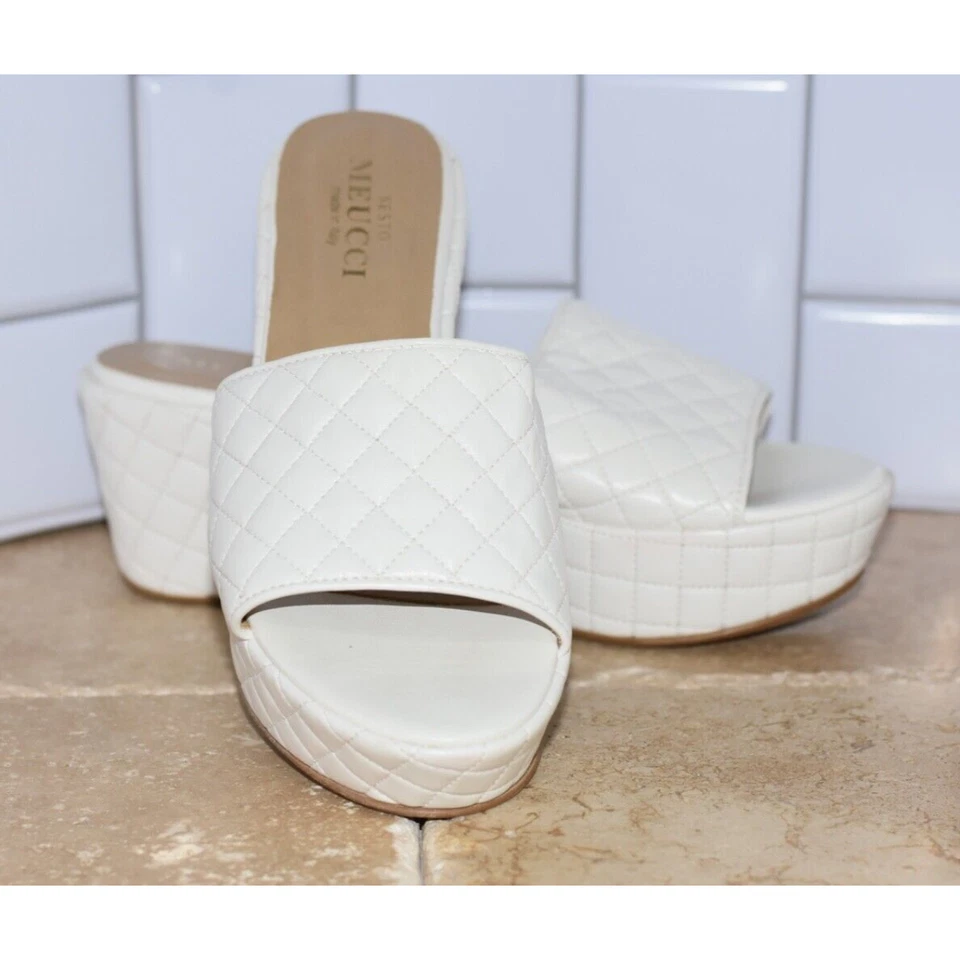 Sesto Meucci White Quilted Leather Platform Wedge Sandal Slide Heels 9M - Image 3 of 4