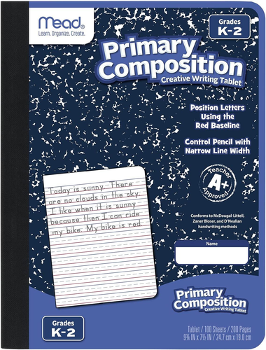 Primäres Kompositionsbuch K-2, blauer Marmor, 100 Blatt, 7,5" x 9,75"