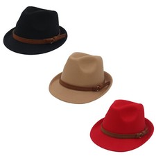 Men Women Classic Felt Fedora Hat Trilby Panama Hat Wide Brim with Leather Band