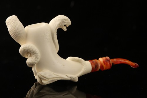 srv - Tubo Cobra Fight Block Meerschaum intagliato da R. Karaca con custodia 15325 - Foto 2 di 10