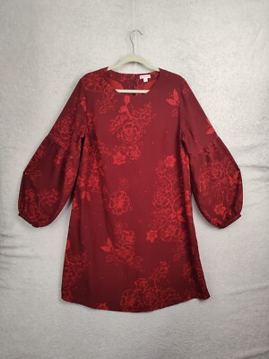 Merona Women Dress XXL Red Floral 100% Polyester Balloon Sleeve Knee Length