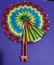 African Print Hand Fan - Real Leather, Kente Cloth, Hand Made - Multi Color