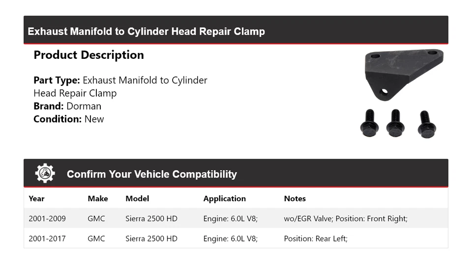 Para GMC Sierra 2500 HD Dorman 2001-2017 colector de escape a abrazadera de culata Foto 2 de 4