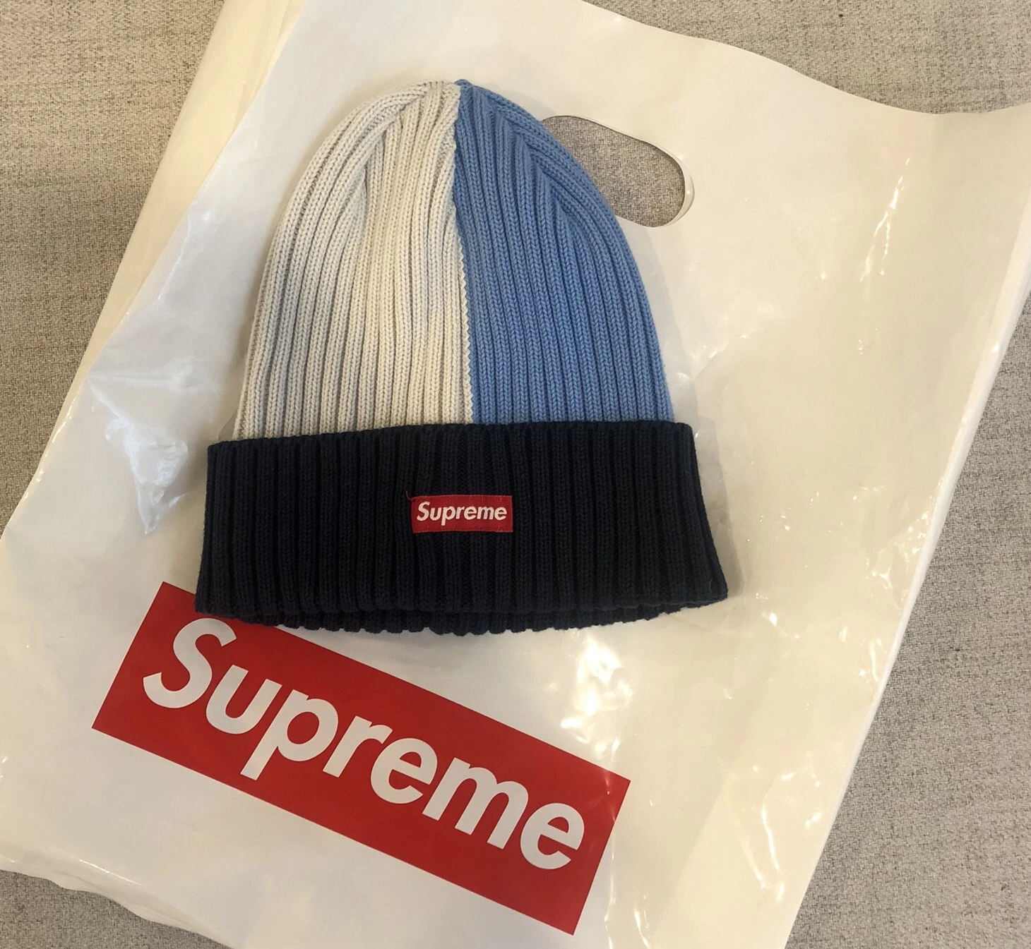 Chapeau Supreme Overdyed Split Beanie blanc bleu marine (SS20) NEUF AVEC ÉTIQUETTES RARE