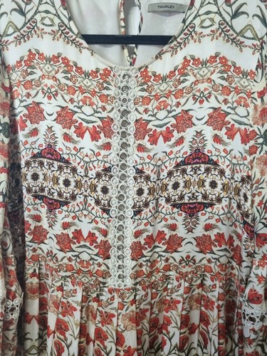 THURLEY size 10 red floral silk round neck 3/4 flare sleeve shift cocktail dress - Picture 5 of 7