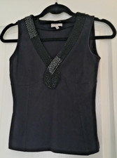 Karen Millen Top: UK Size 8: V Neck with bead trimming: Black: VGC: Sale Offer !