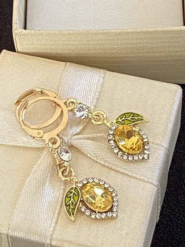 Crystal Gold tone Yellow Lemon Green Drop Dangle Earrings Cute Fun Fashion - Picture 4 of 7