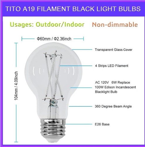 4 Pack E26 A19 Filament LED Black Light Bulbs - Picture 5 of 5