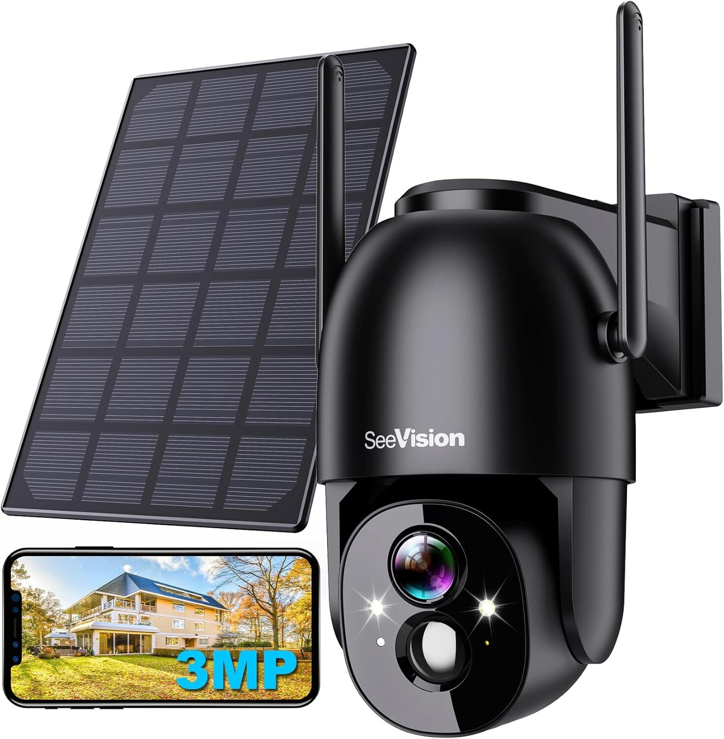 Solar Security Cameras Wireless Outdoor, 2K Battery Powered PTZ WiFi Black