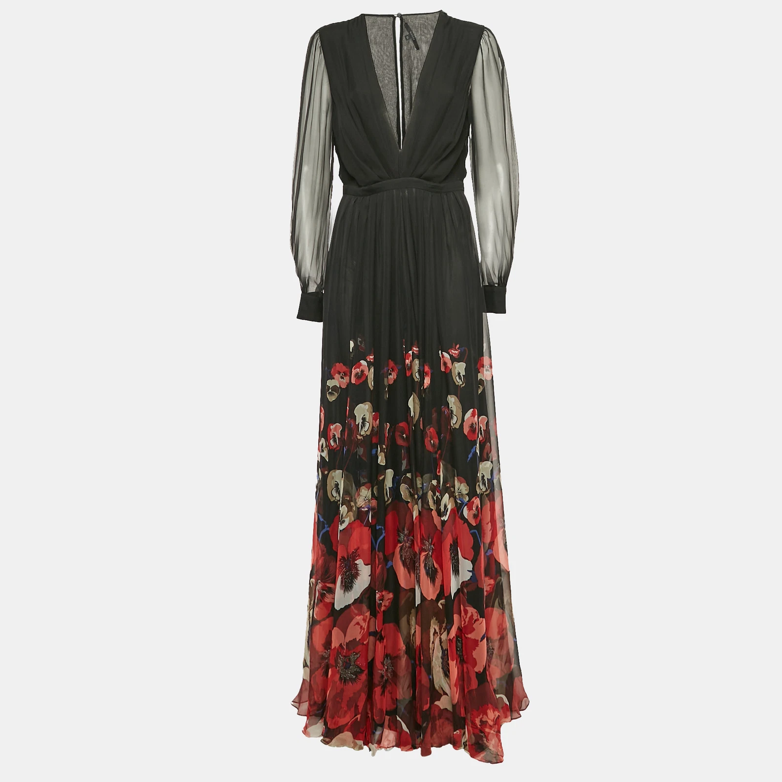 Robe évasée col plongeant en soie noire imprimée florale Gucci M