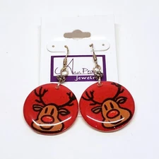 Rudolph Reindeer Earrings Christmas Charm Dangle from Ann Peden Jewelry Resin 1"