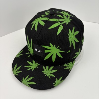 HUF Hat Cap Snap Back Black Green Plantlife Leaf Print Mens Made USA All Over