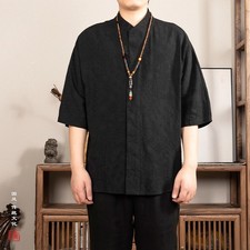 Chinese Style Mens Cotton Linen Jacquard Retro Short Sleeved Casual Button Shirt