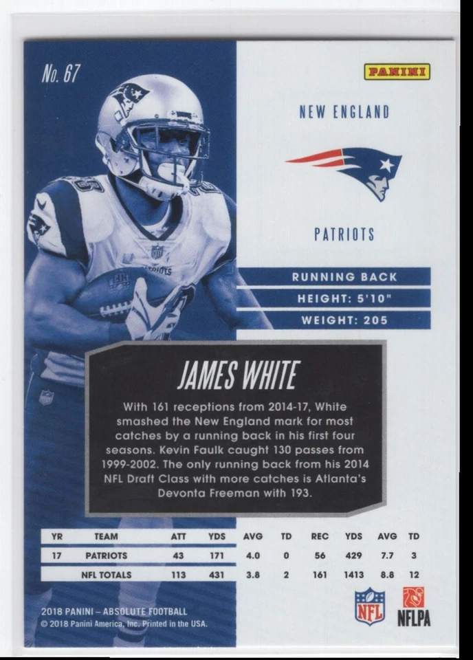 2018 Panini Absolute * James White New England Patriots #67 - Image 2 of 2