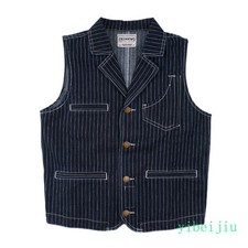 Autumn Winter Mens Striped Denim Vest Suit Lapel Motorcycle Multi Pocket Hunting