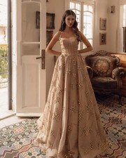 A-line Evening Dresses with Crystal Sparking Floor Length Sleeveless Prom Dress