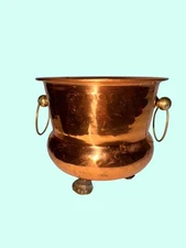 Vintage Copper Cauldron Planter Hammered Finish Brass Handles 4 Legs