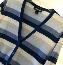Lands End Womens Cardigan Sweater M Blue Gray Striped Button Front Supima Cotton