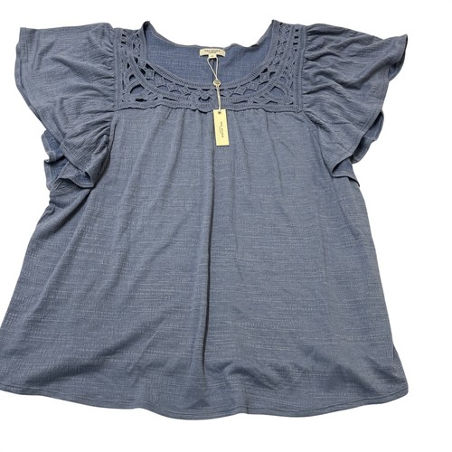Max Studio Top Slate Blue Crinkle Blouse Size 2X Crochet Cut Out Boho Hippie