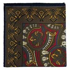 Red  Olive Green Medallion Silk Pocket Square Hand-Rolled in England 