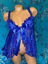 Vintage Lingerie Priscilla Collection Bright Cobalt Blue Lace Bow Babydoll M