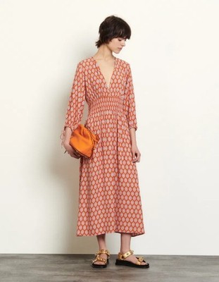 Sandro Paris Jacquard Smocked Waist Midi Dress - Orange Print - Size FR 34 (US 2