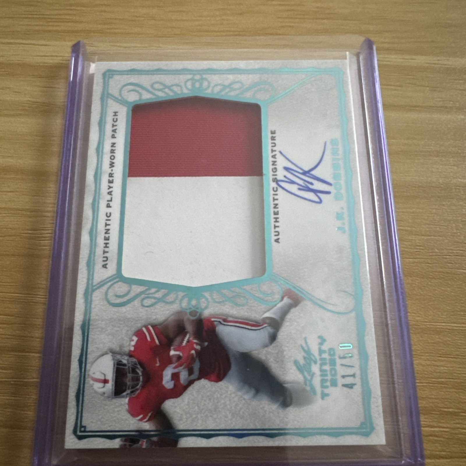 2020 Leaf Trinity - Patch Auto J.K. Dobbins #PA-JKD Platinum Foil /50 