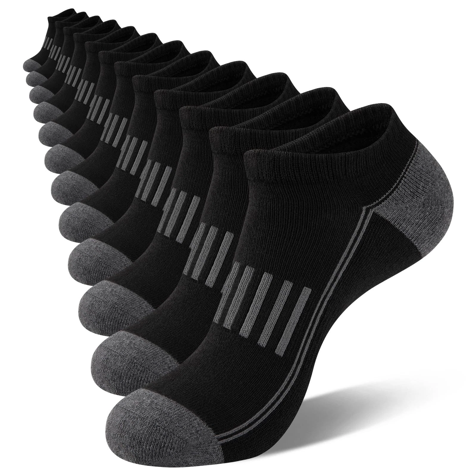 12 Pairs Men's Black Ankle Socks Low Cut Cushioned Striped