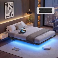 Double Floating Bed Frame 135 x 190 cm, Platform Bed with LED Lights and Movabl