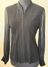 Alex Evenings Black Beaded Zip Front Evening Blouse Jacket Sheer Sleeve Size S