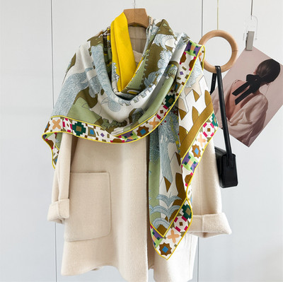 70% Cashmere 30% Silk garden Print Scarf 135X135cm Shawl Square Bandanna Wrap