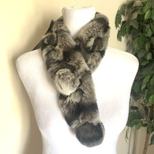 Genuine Fur Scarf Neck Warmer Collar Wrap Black  White Fluffy Soft Cozy Pom Pom