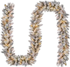 Flocked Garland with Lights,9Ft Pre-Lit Christmas Garland,Glittered Artificial C