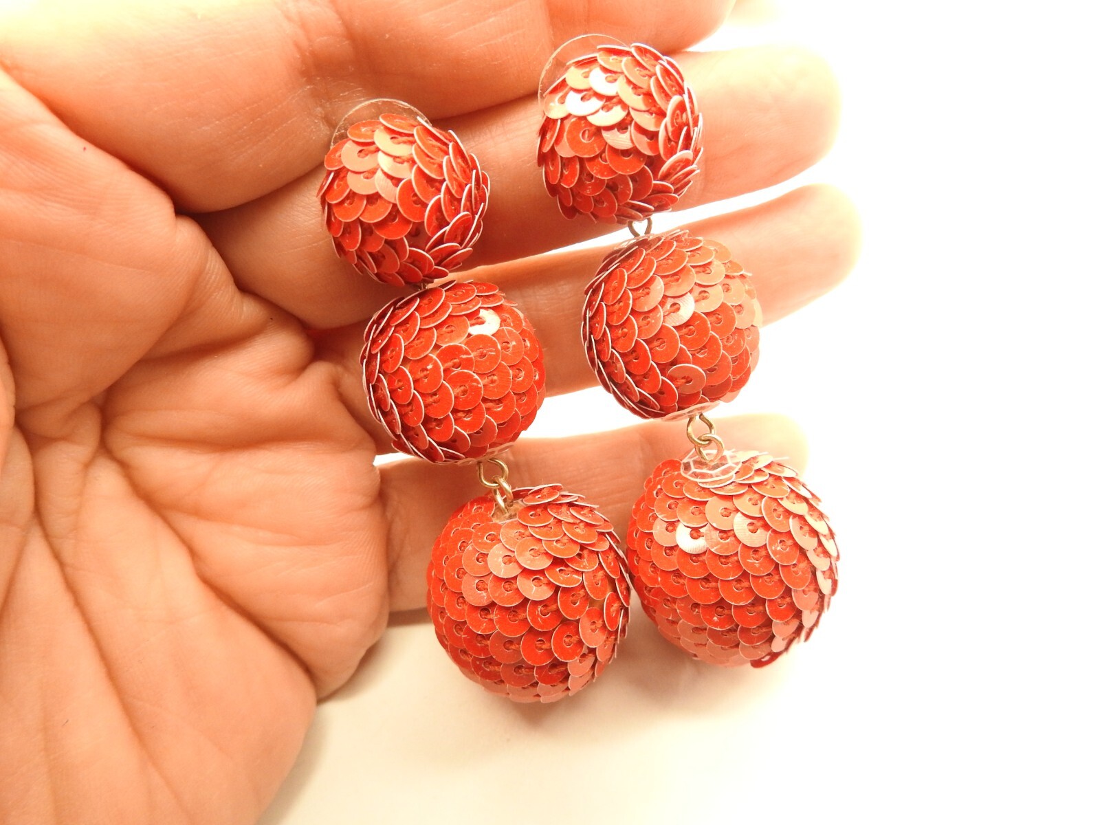 Retro Red Sequin Covered Bead Dangle Pierced Earr… - image 1