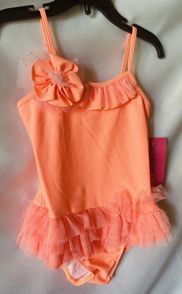 Traje de baño Isobella y Chloe coral con volantes y apliques de flores para niñas de 1 pieza talla 4 Foto 3 de 4