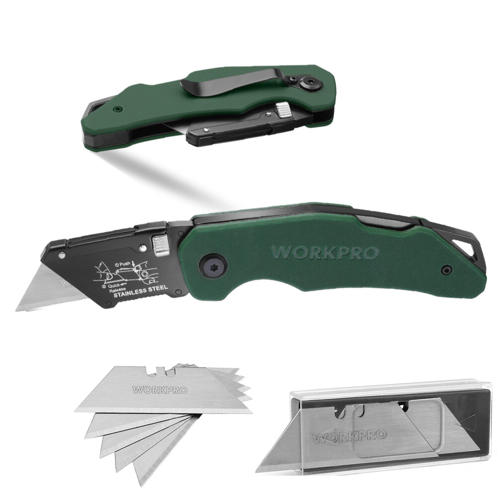 WORKPRO Folding Utility Knife G10 Handle w/Stainless Steel Head 0PC SK5 Blades