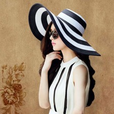 Women's Summer Large Floppy Folding Wide Brim Stripe Cap Sun Straw Beach Hat US