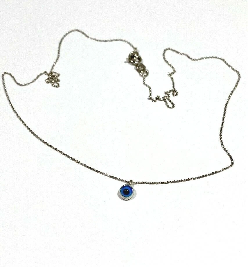 Colgante Mal de Ojo Oro Blanco Sólido 14k Mataki Mati Azul 16 pulgadas Cadena Grecia Foto 3 de 4