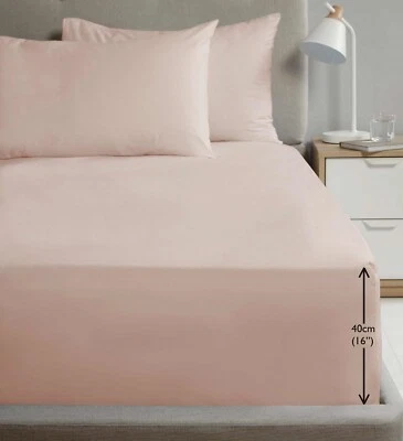 Extra Deep Percale Fitted Sheet 16" 40cm Plain Cotton Blush Pink Double Bedding
