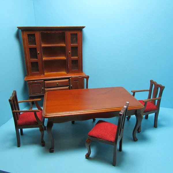 Dollhouse Miniature Wood Dining Room Set with Hutch and 4 Chairs Walnut T0117