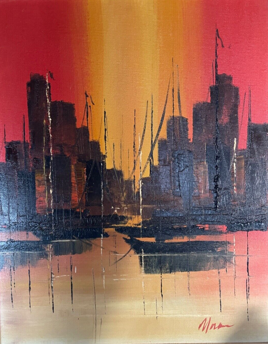 Mexican Mid Century Modern Oil Painting Bay at Sunset Signed 4717