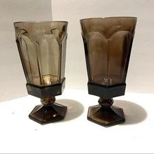 Vintage Fostoria Virginia Smokey Brown Ice Tea Goblet Hexagon Faceted Stem Set