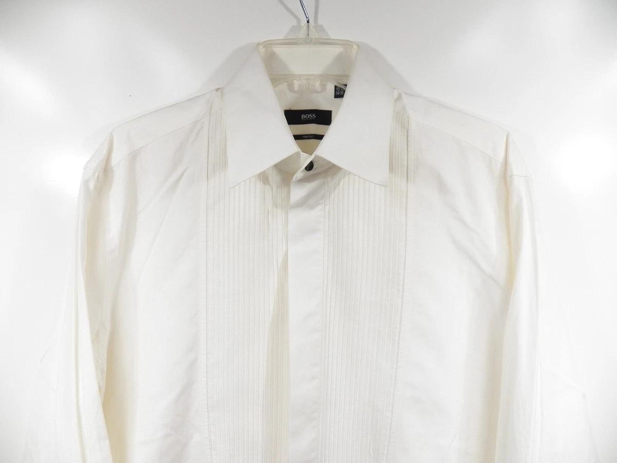 HUGO BOSS MENS 15.5 MEDIUM 35 FRENCH CUFF TUXEDO DRESS SHIRT IVORY