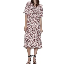 Zara Rustic Floral Print Midi Dress Red Cottagecore Ruffle Button Front Boho XS