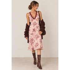 Old Navy Pink Floral Lace Trim Midi Dress XS Sleeveless Satin V-Neck
