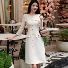Round Neck 3/4 Sleeve Button Professional Dress Autumn Women's Office Dresses