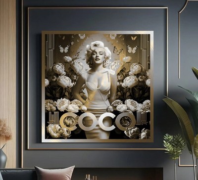 LEINWAND BILD 50x50x5cm Marilyn Monroe COCO CHANEL WEIß GOLD WANDBILD BLUMEN