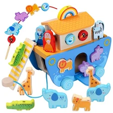 Wooden Noah's Ark Toy with Animal Shape Sorter,Baptism Gifts for 1 2 3 4 Year...